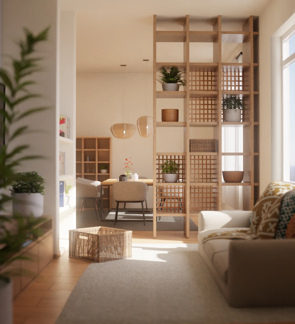 Salon lumineux avec étagères en bois